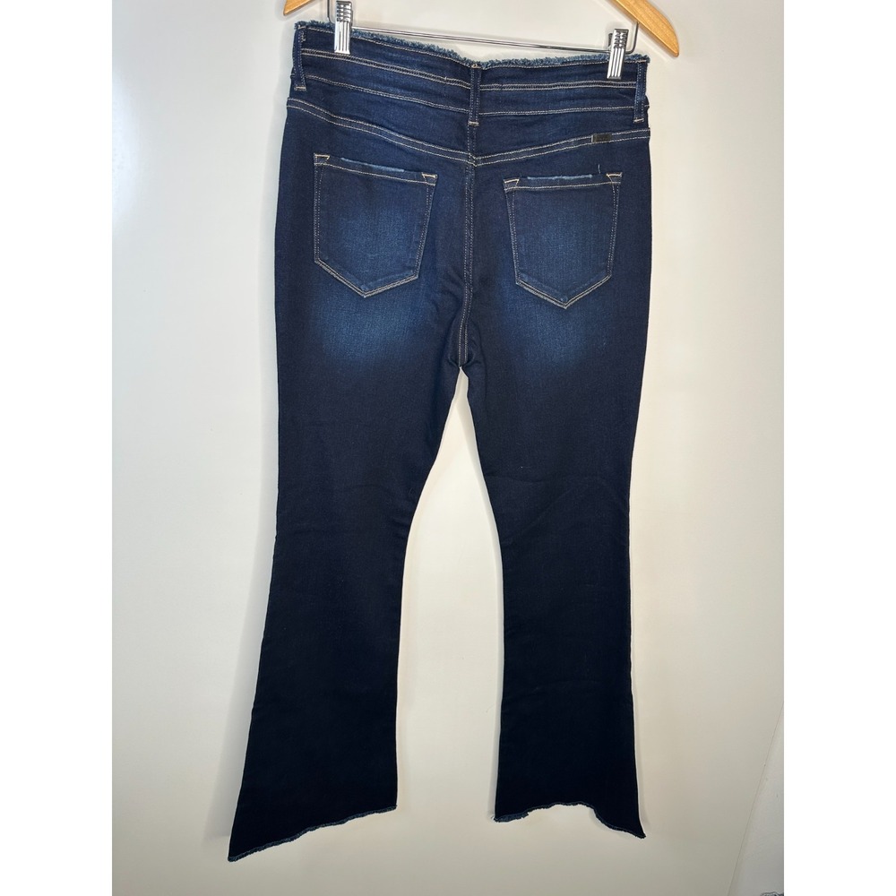 Kancan Gill High Rise Flare Jeans Dark Wash Distressed Raw Hem Size 13 / 30 - Picture 12 of 16